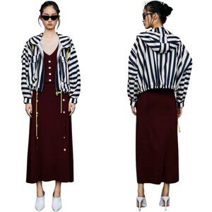 Zara Basic Striped Hooded Lightweight Cropped Jacket Women's Medium Blue White